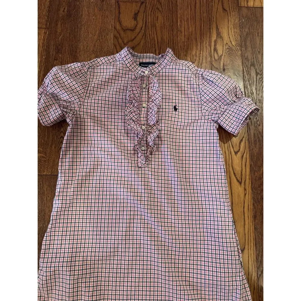 Ralph Lauren Girls 12 Ruffle Shirt Dress Pink Navy Polo Pony Plaid Puff Sleeves